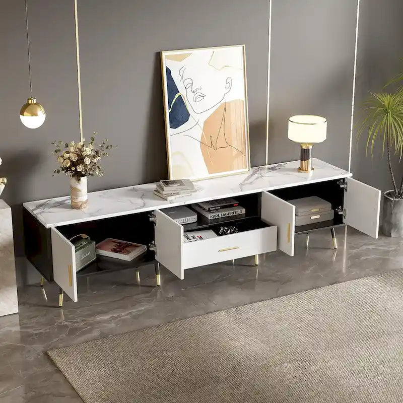 Meuble TV moderne avec 2 armoires et compartiments ouverts, console de télévision pour salon, chambre à coucher