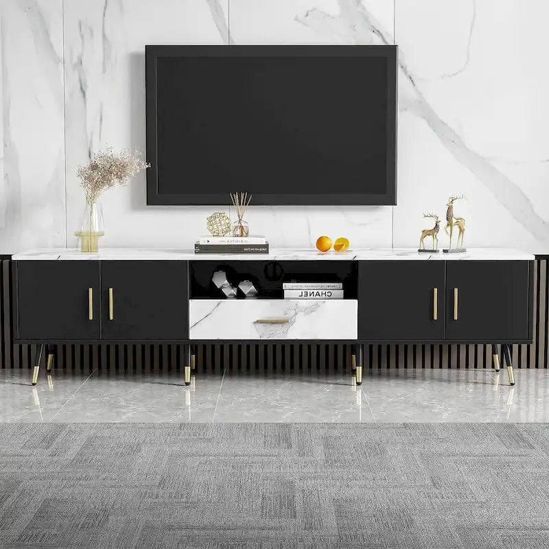 Meuble TV moderne avec 2 armoires et compartiments ouverts, console de télévision pour salon, chambre à coucher
