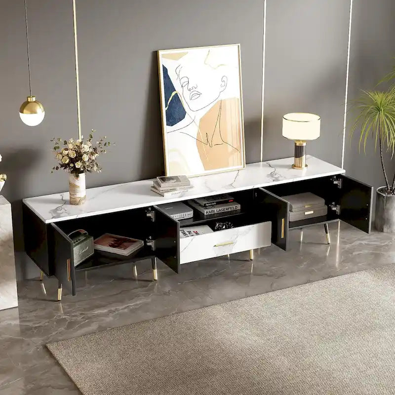 Meuble TV moderne avec 2 armoires et compartiments ouverts, console de télévision pour salon, chambre à coucher
