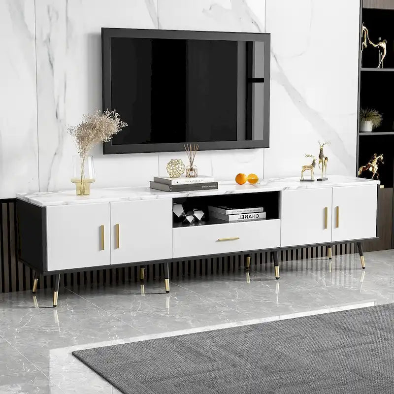 Meuble TV moderne avec 2 armoires et compartiments ouverts, console de télévision pour salon, chambre à coucher