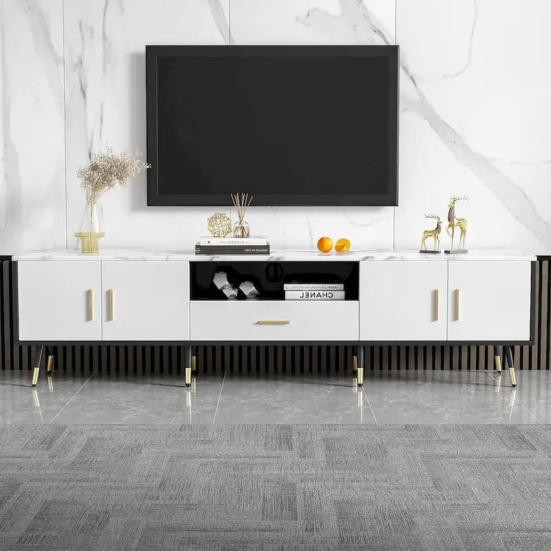 Meuble TV moderne avec 2 armoires et compartiments ouverts, console de télévision pour salon, chambre à coucher