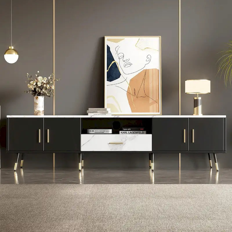 Meuble TV moderne avec 2 armoires et compartiments ouverts, console de télévision pour salon, chambre à coucher