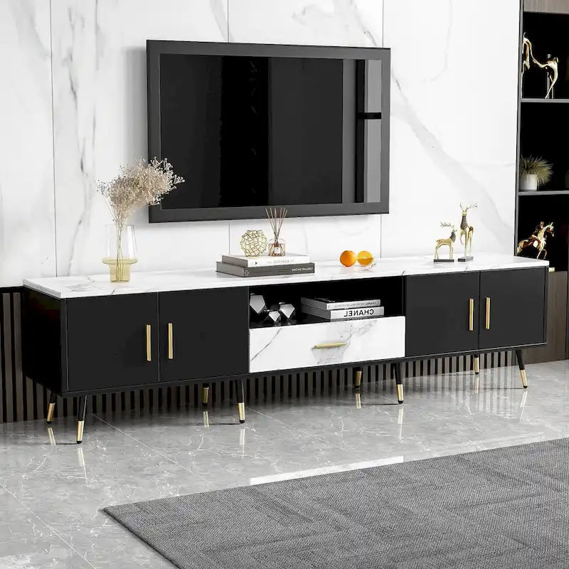 Meuble TV moderne avec 2 armoires et compartiments ouverts, console de télévision pour salon, chambre à coucher