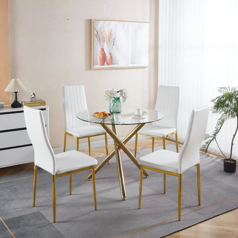 1+4, 5-częściowy zestaw obiadowy, Stół z metalową nogą, Stół obiadowy Mid-century dla 4-6 osób ze szklanym blatem, Stół obiadowy na jednej nodze