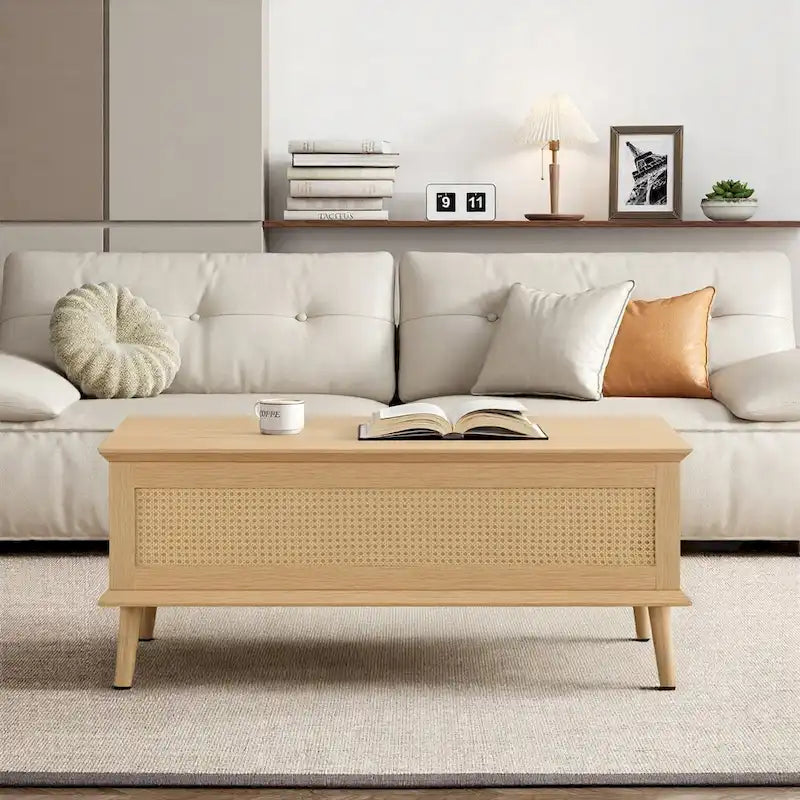 Stolik kawowy Chelsea Square Teagan z podnoszonym blatem i schowkiem, rattan – 42 x 17