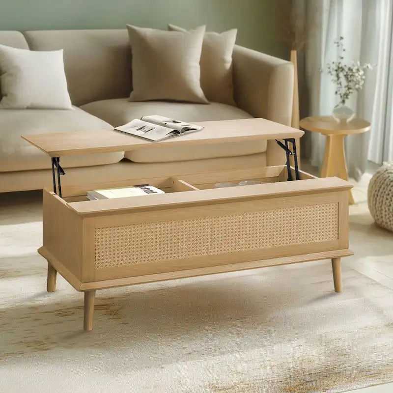 Stolik kawowy Chelsea Square Teagan z podnoszonym blatem i schowkiem, rattan – 42 x 17