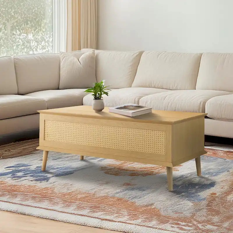 Stolik kawowy Chelsea Square Teagan z podnoszonym blatem i schowkiem, rattan – 42 x 17