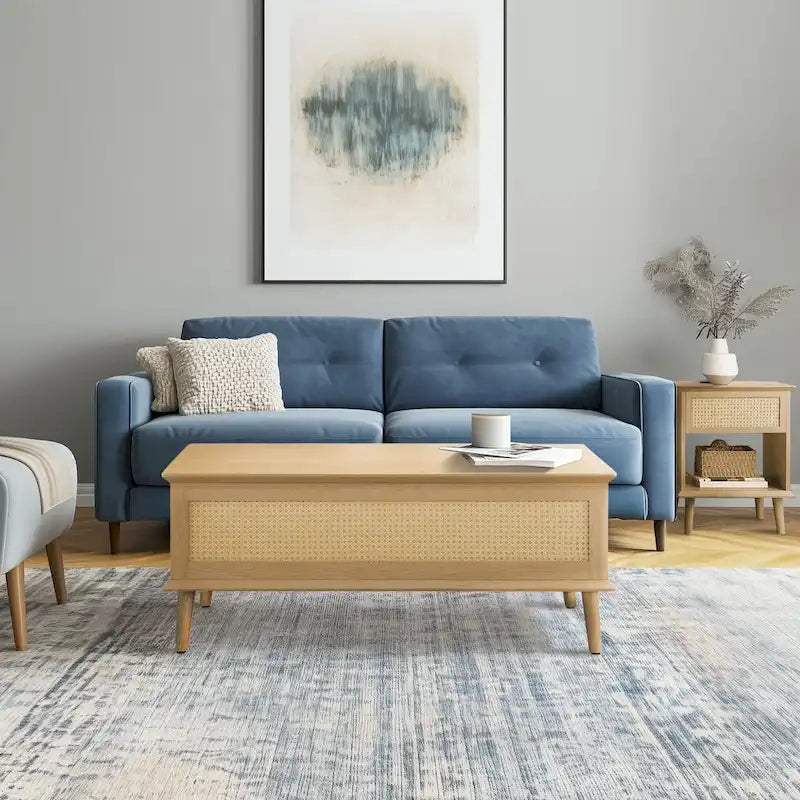 Stolik kawowy Chelsea Square Teagan z podnoszonym blatem i schowkiem, rattan – 42 x 17