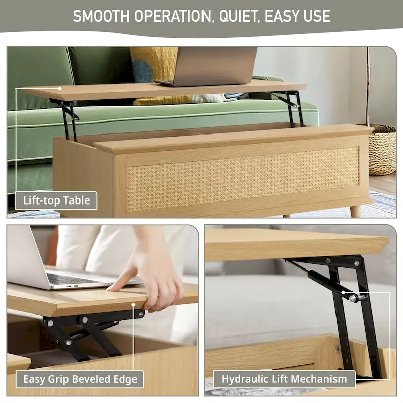 Stolik kawowy Chelsea Square Teagan z podnoszonym blatem i schowkiem, rattan – 42 x 17