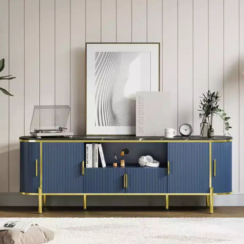 Meuble TV cannelé bleu/chêne avec portes coulissantes et étagères réglables, convient aux téléviseurs jusqu'à 8 pouces