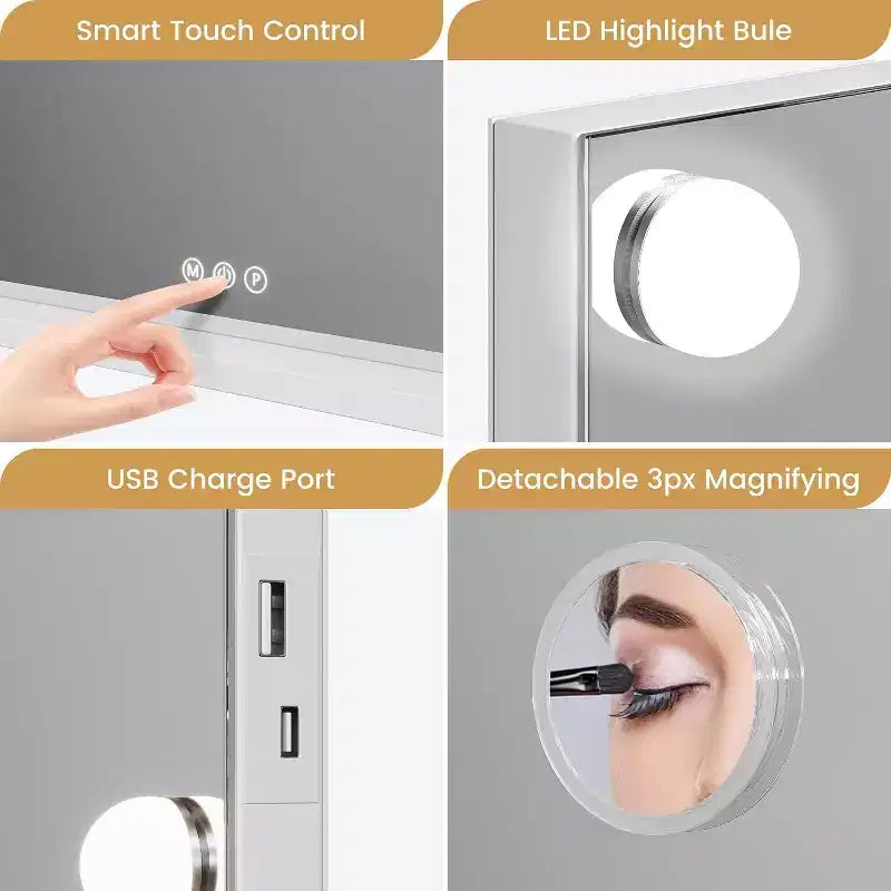 Miroir de courtoisie LED blanc avec loupe 3X, variateur tactile, 3 modes d'éclairage, chargement USB, à poser/fixer au mur, 1 personne