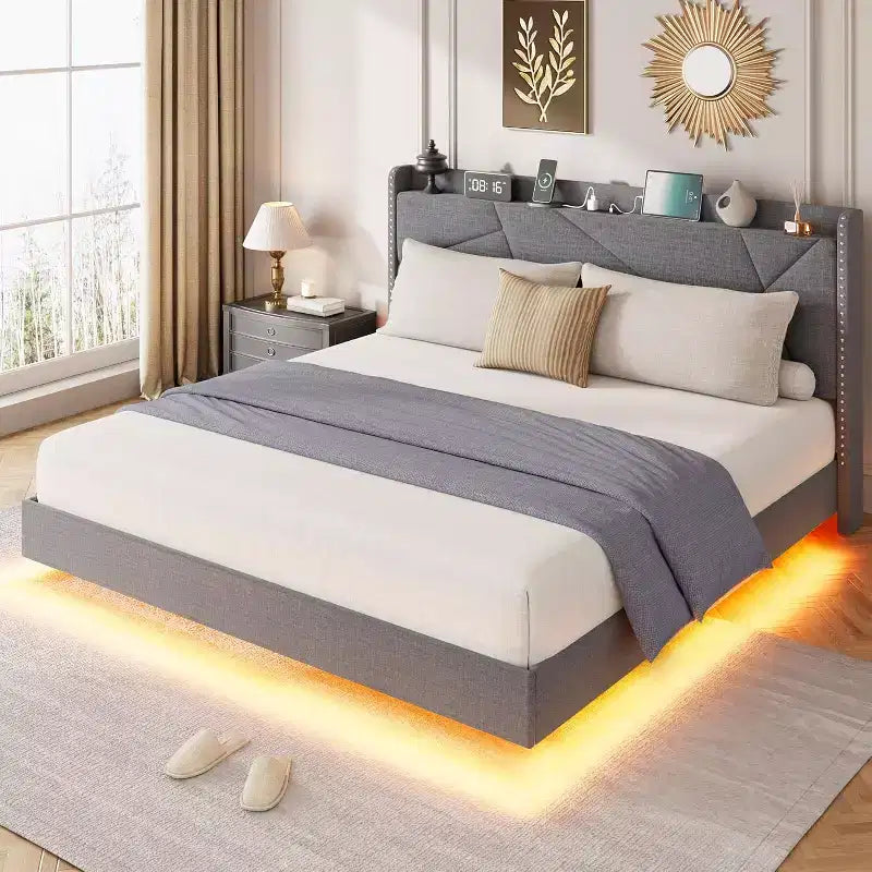 Lit plateforme flottant rembourré beige / noir / gris, lumières LED, tête de lit de rangement, pleine grandeur / grand format / très grand format, 1 personne