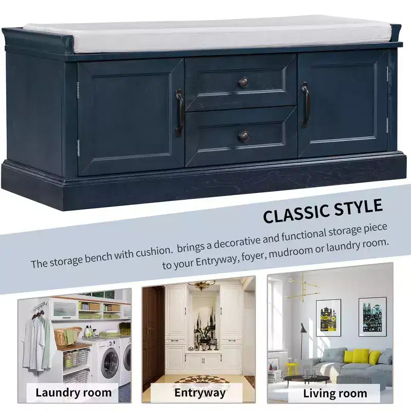 Banc de rangement capitonné avec tiroirs et placard, bois massif, 1 personne - Noir/Marron/Gris/Bleu Marine/Blanc