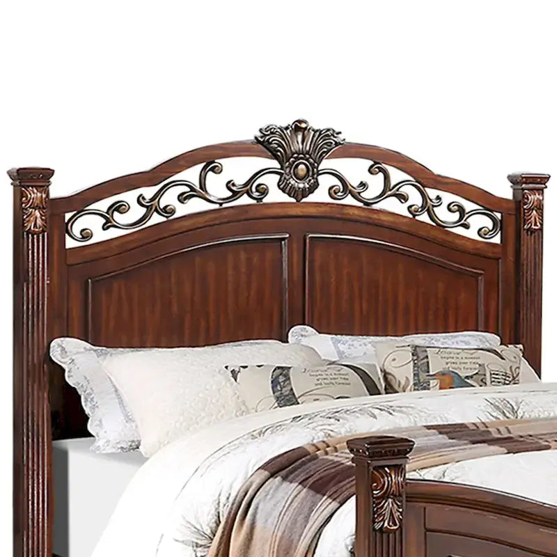 Wooden Bed with Crafted Headboard in Dark Cherry