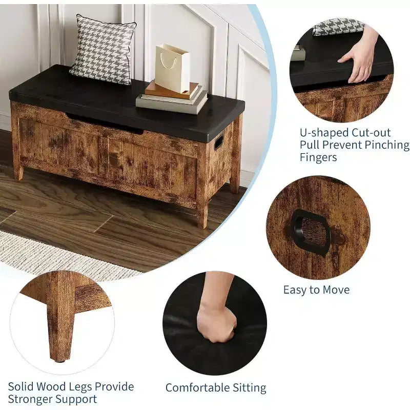 Banc de rangement capitonné marron / gris / rose / blanc, coffre en bois avec assise rembourrée, 1 personne