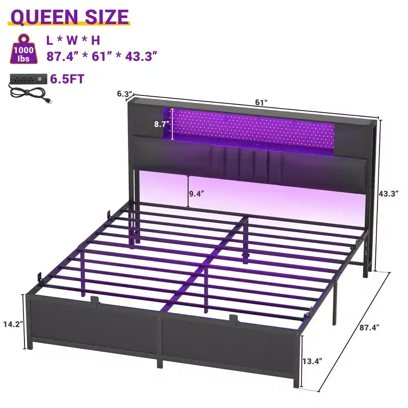 Cadre de lit plateforme rembourré Chêne Noir / Gris avec lumières LED et station de recharge ¨C Grand lit / Très grand lit, 1 personne