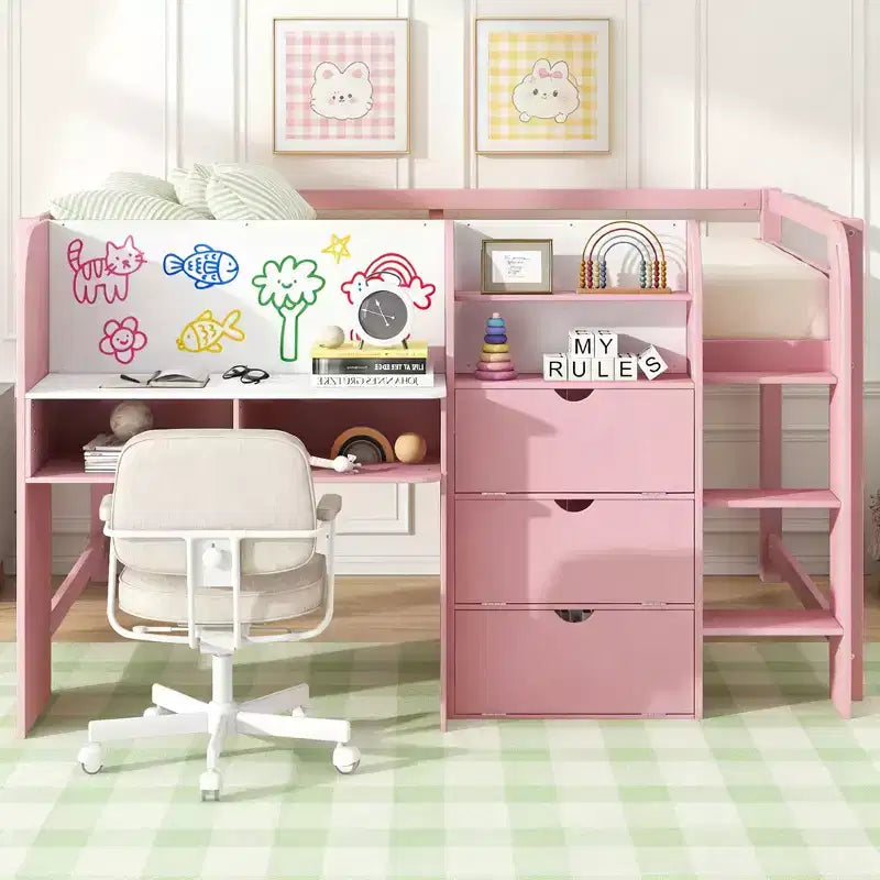 Luxystar Full Size Low Loft Bed with Built-in Desk, Storage Cabinets, Open Bookcase and Whiteboard for Graffiti