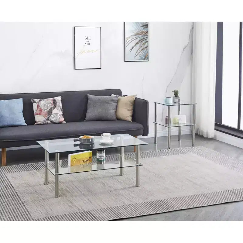 Table basse à 2 niveaux en verre transparent et métal argenté, 4 pieds