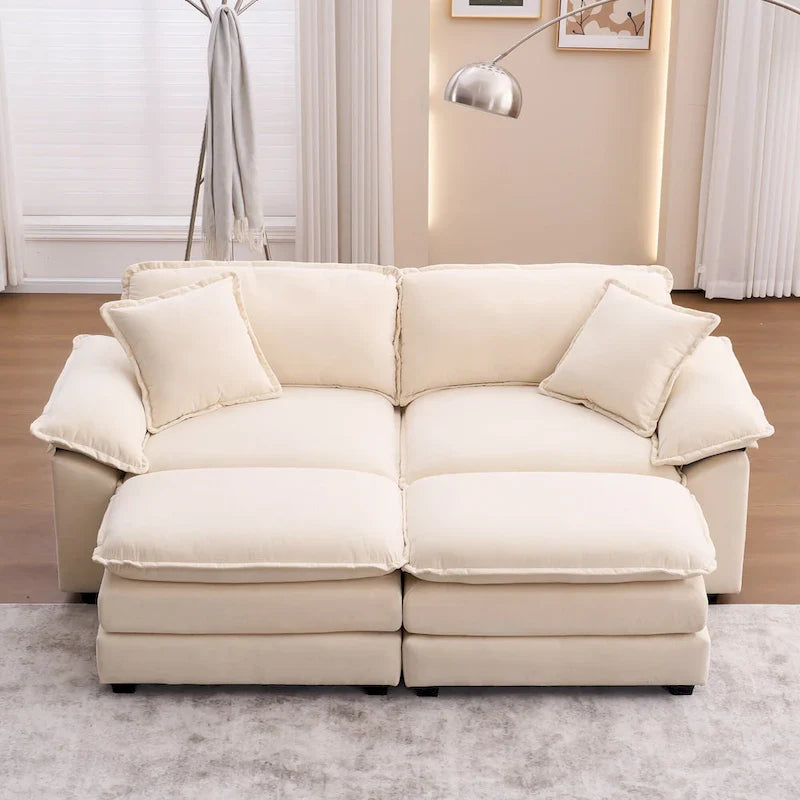 2-seater sofa with 2 cushions, 2 pillows and 2 ottomans, comfortable sofa - Living room deep sofa, modular sofa