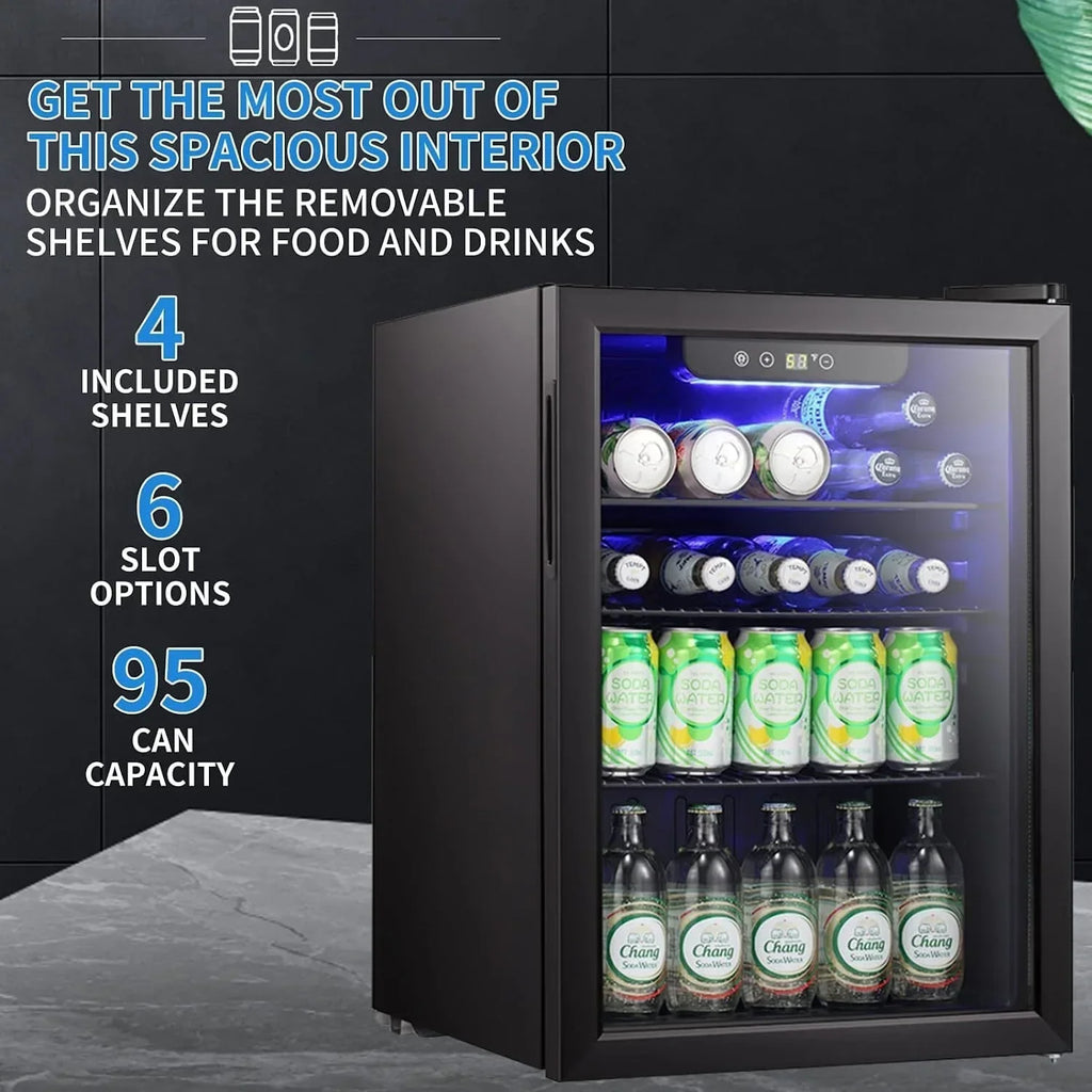 Mini Fridge-100 Can Beverage Refrigerator, Wine Cooler, Clear Front Glass Door, Small Drink Touch Screen - 2.6 Cu. Ft.