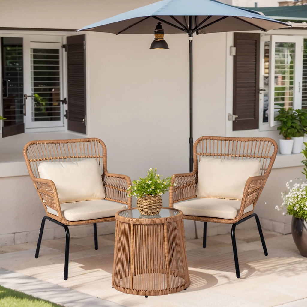 3 Piece Outdoor Wicker Conversation Bistro Set, All-Weather Rattan Furniture Patio Chairs Set with Cushions