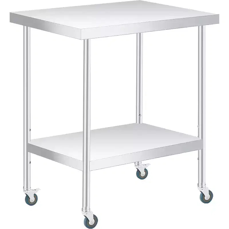 Table de travail en acier inoxydable argenté à 2 niveaux - Pieds fixes/Roues verrouillables, 1-2 personnes