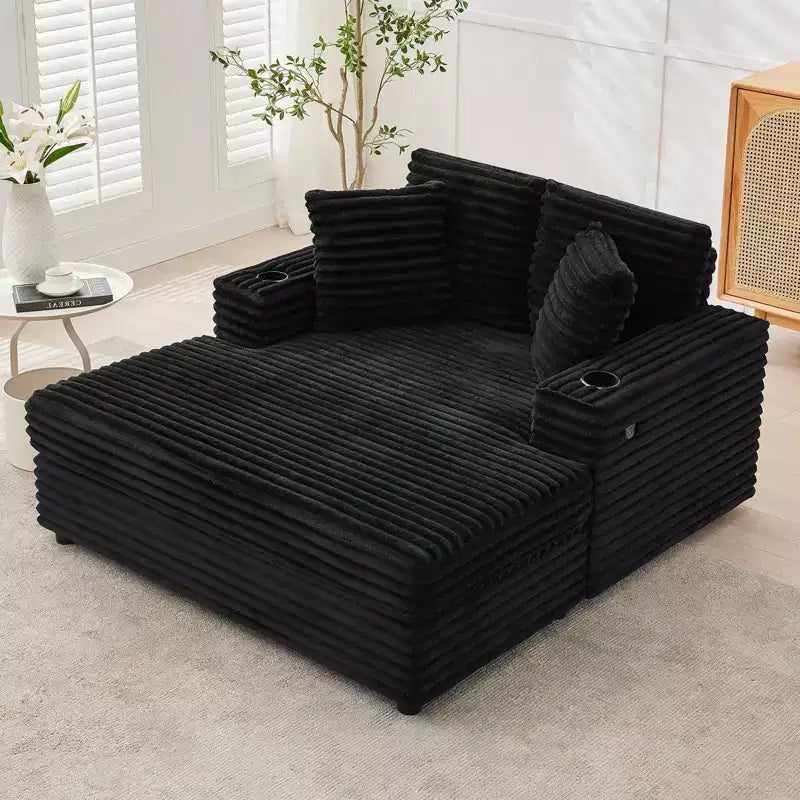 Sofa wypoczynkowa trzyosobowa sztruksowa z uchwytami na kubki i portami ładowania