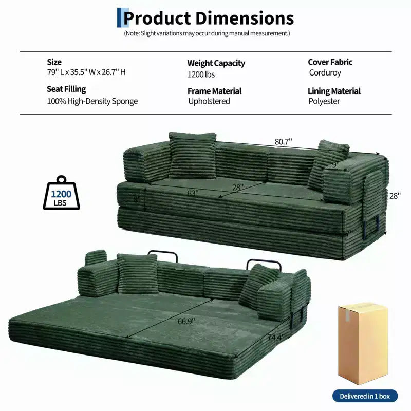 80.7 5-in-1 Convertible Sleeper Sofa Bed ??Corduroy, 1200 lbs, No Assembly