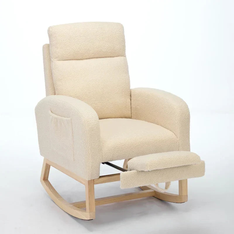 Modern 29.5 High Back Upholstered Rocking Chair with Solid Wood Legs and Adjustable Footrest