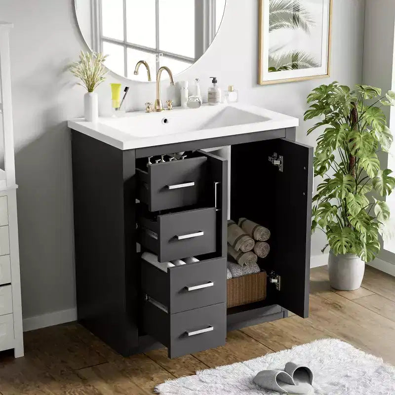 Meuble-lavabo de salle de bain de 76 cm à lavabo simple avec armoire et 3 tiroirs – Noir / Bleu / Vert / Indigo / Blanc