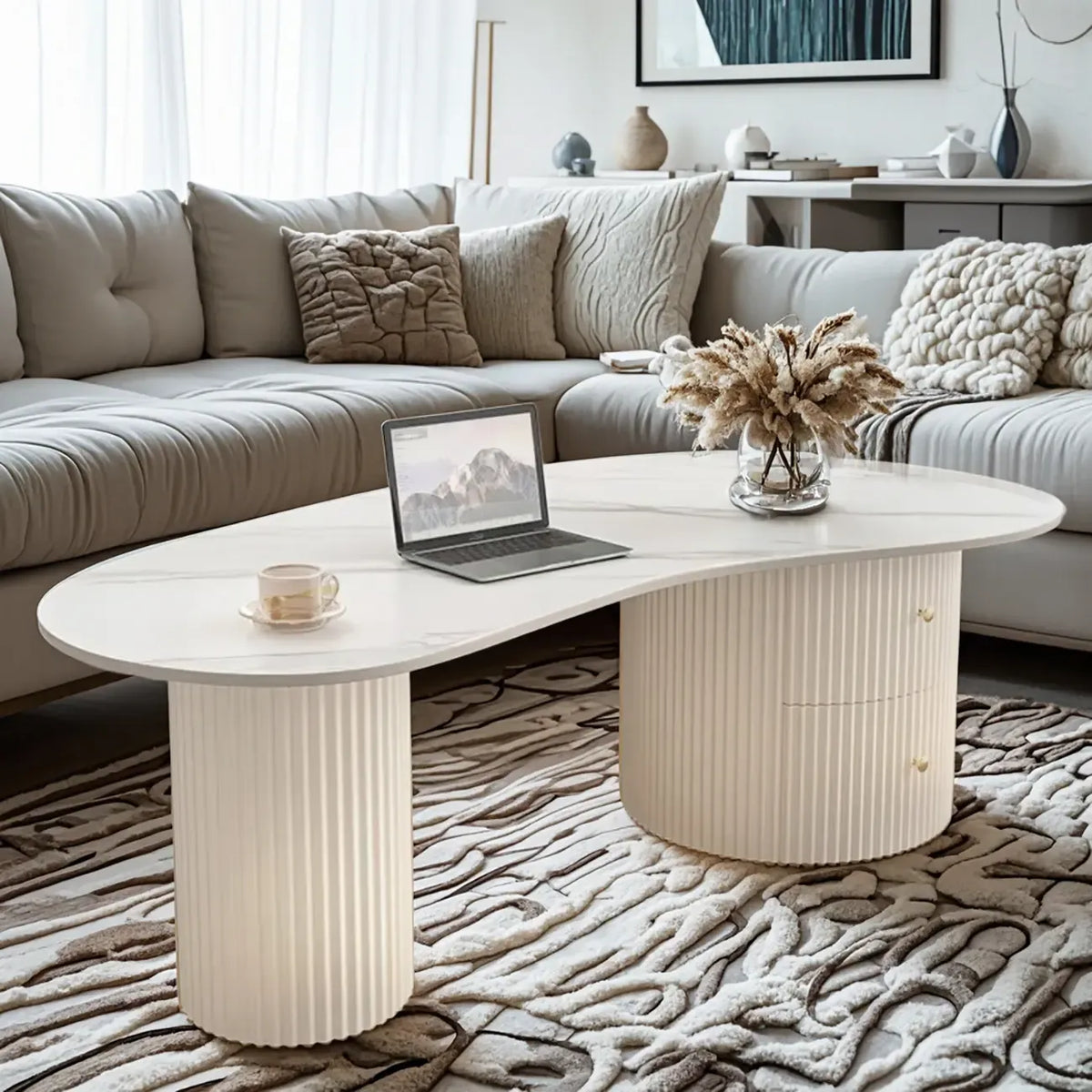 Minimalist Standard White Oval Coffee Table with 2 Drawers