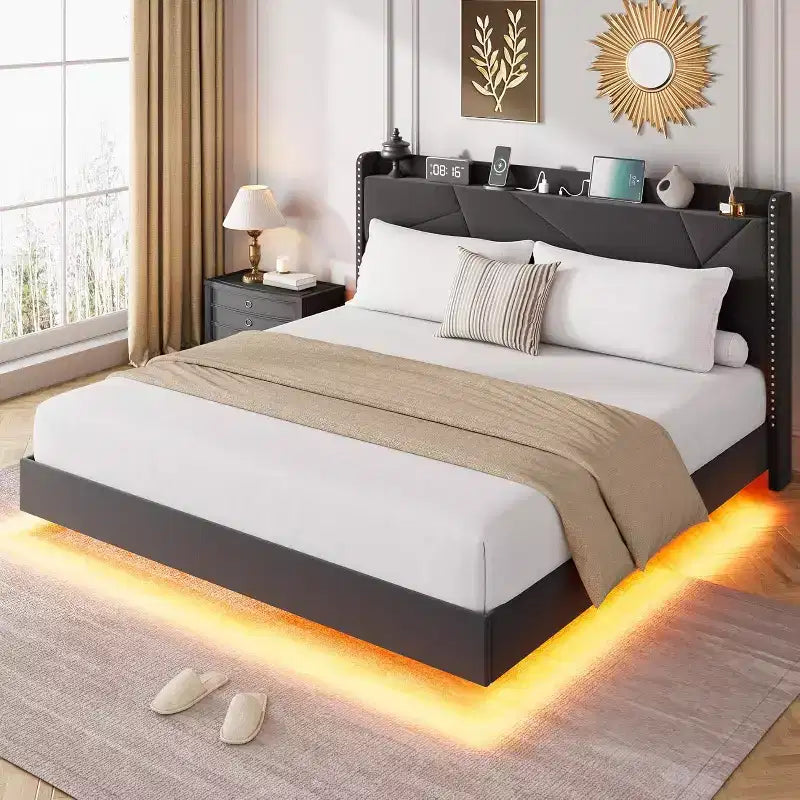 Lit plateforme flottant rembourré beige / noir / gris, lumières LED, tête de lit de rangement, pleine grandeur / grand format / très grand format, 1 personne