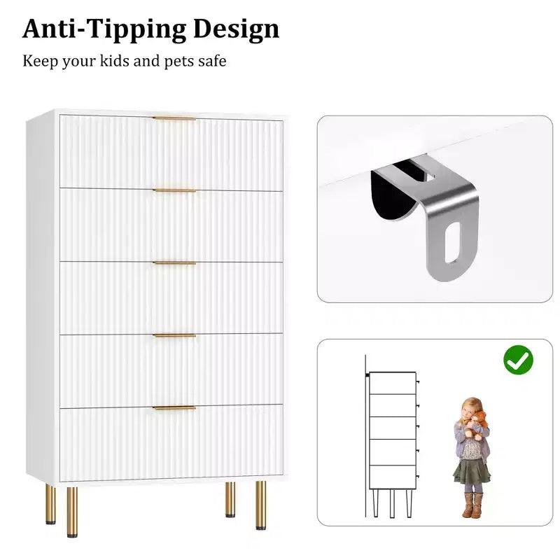 Commode 5 tiroirs blanche / effet marbre et bois – Panneau cannelé, pour 1 personne
