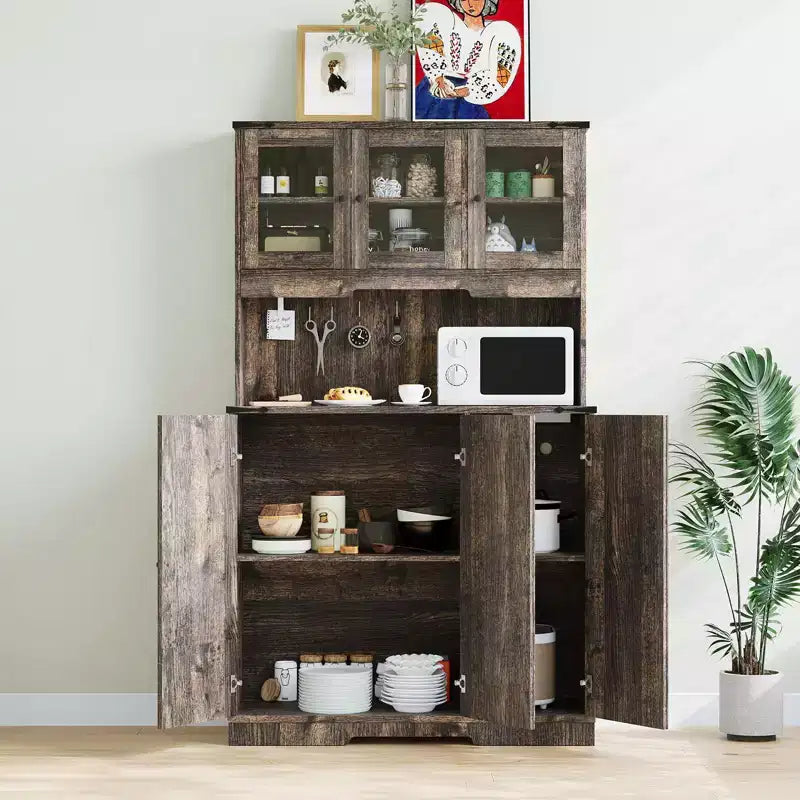 Meuble de rangement de cuisine autoportant marron avec portes en acrylique et plan de travail pour machine à café, 1 personne