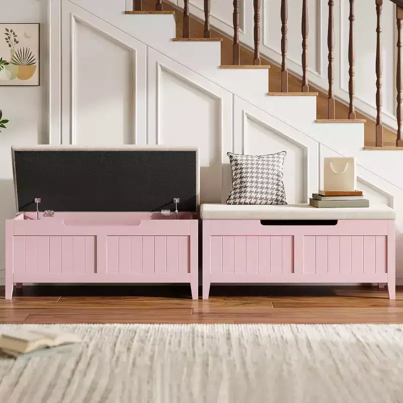 Banc de rangement capitonné marron / gris / rose / blanc, coffre en bois avec assise rembourrée, 1 personne