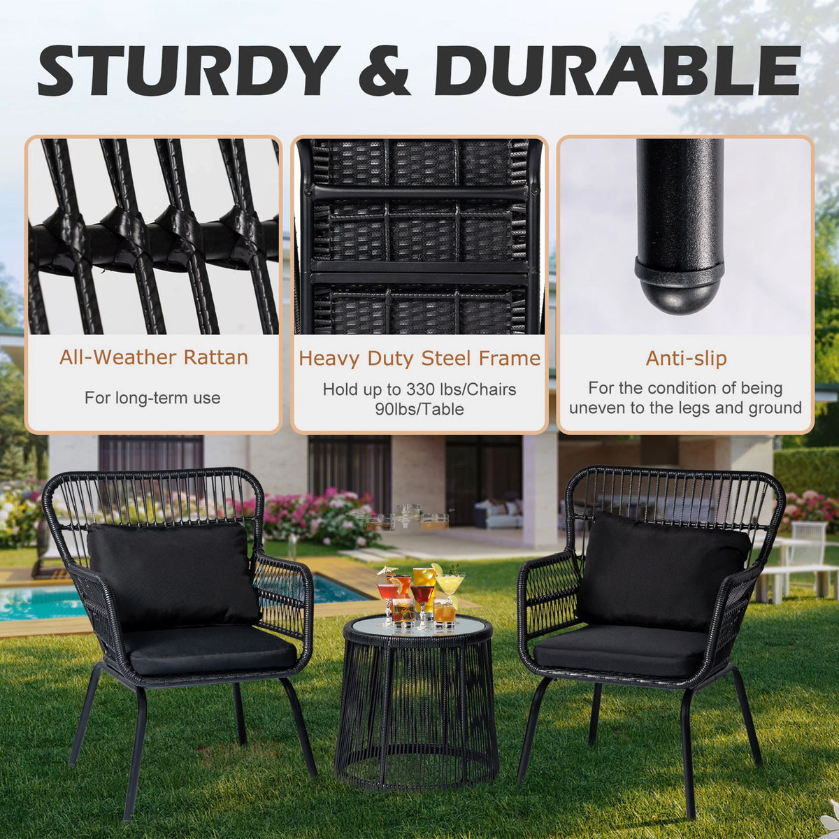 3 Piece Outdoor Wicker Conversation Bistro Set, All-Weather Rattan Furniture Patio Chairs Set with Cushions