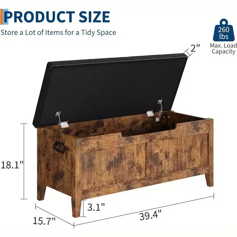 Banc de rangement capitonné marron / gris / rose / blanc, coffre en bois avec assise rembourrée, 1 personne