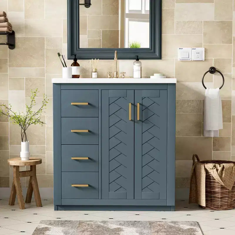 Meuble-lavabo de salle de bain de 76 cm à lavabo simple avec armoire et 3 tiroirs – Noir / Bleu / Vert / Indigo / Blanc