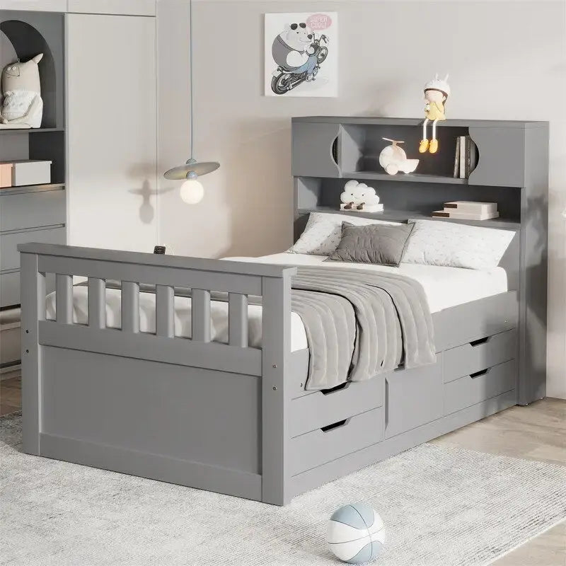 Twin/Full Size Captain Platform Bed with 4 Drawers and Storage Shelves, Solid Wood Bed Frame with Storage Bookcase Headboard