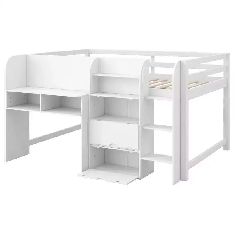 Lit bas mezzanine rose et blanc avec bureau, rangement et tableau blanc - Jumeau, 1 personne