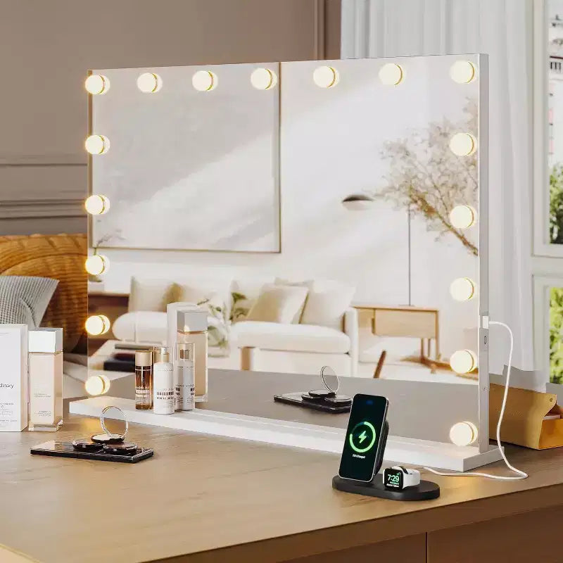 17 Inch LED Vanity Mirror with 3X Magnifier, Touch Control 3-Color Lighting Modes, USB Charging Port, Tabletop/Wall Mount Design, 32x24, White