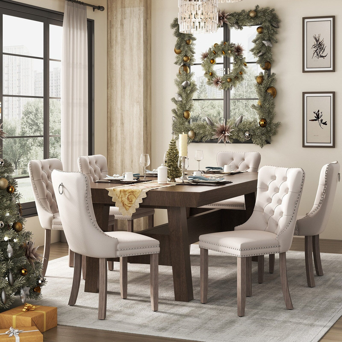 Upholstered Tufted Velvet Dining Chair with Solid Wood Legs Set of 6