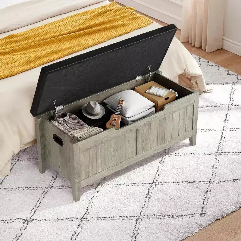 Banc de rangement capitonné marron / gris / rose / blanc, coffre en bois avec assise rembourrée, 1 personne