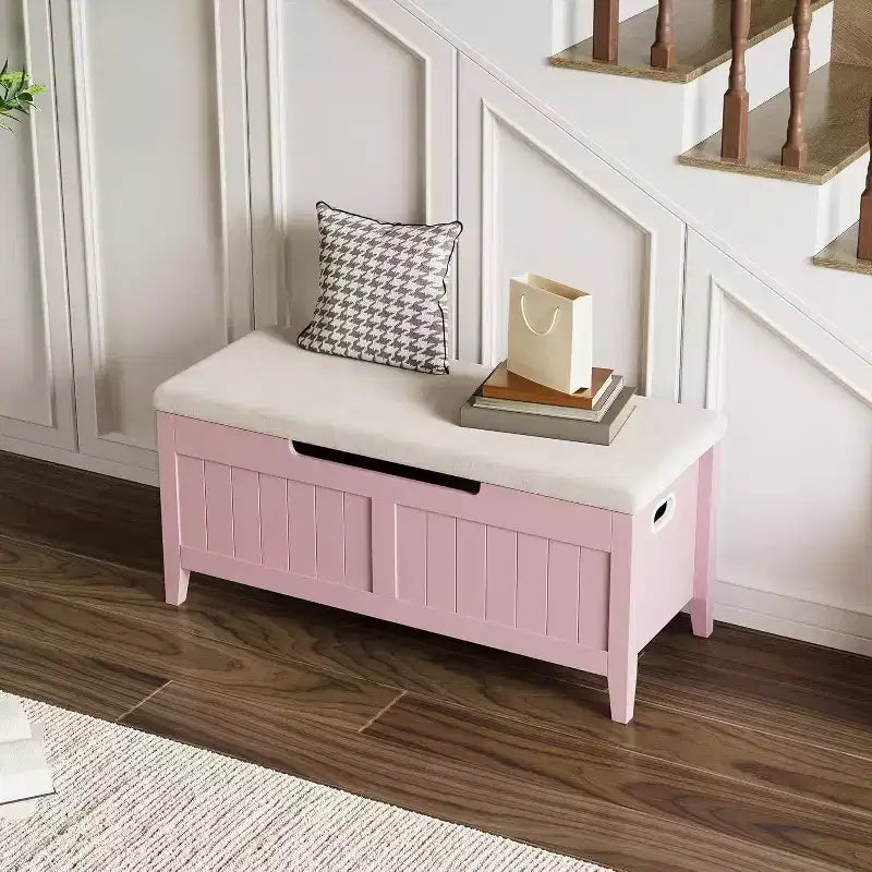Banc de rangement capitonné marron / gris / rose / blanc, coffre en bois avec assise rembourrée, 1 personne