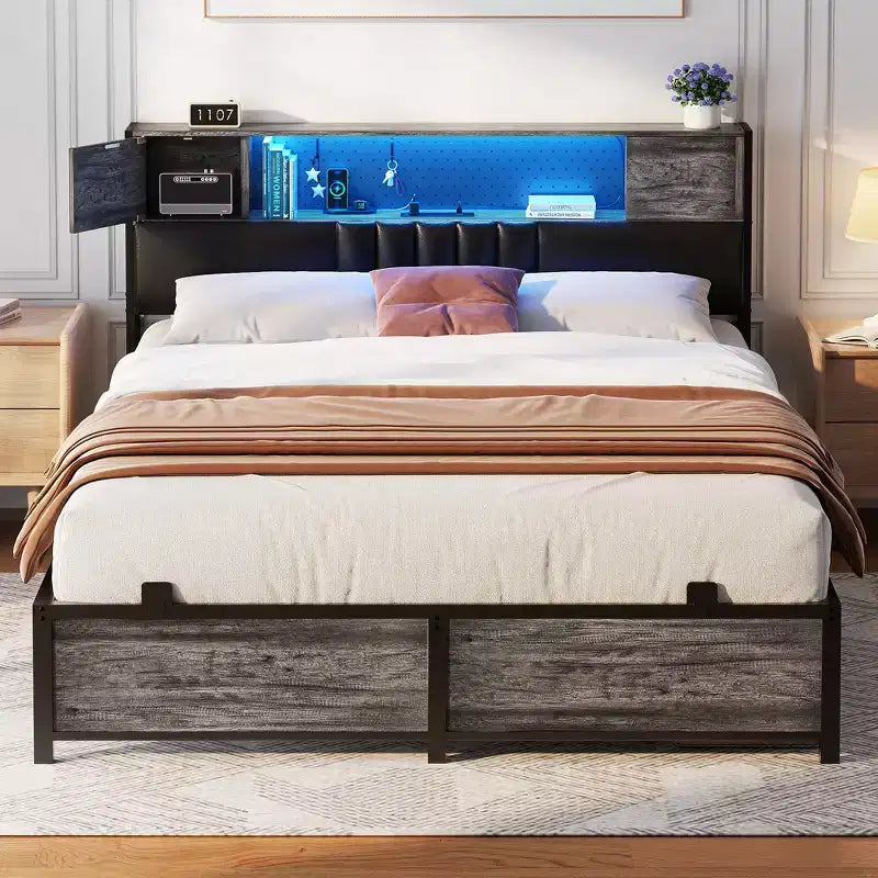 Cadre de lit plateforme rembourré Chêne Noir / Gris avec lumières LED et station de recharge ¨C Grand lit / Très grand lit, 1 personne