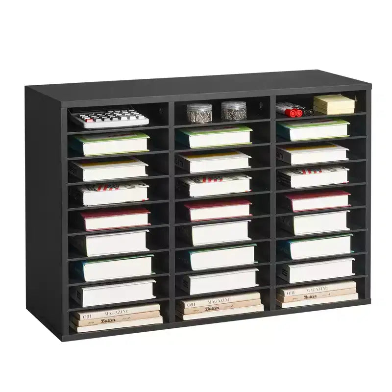 VEVOR Literature Organizer, 27 Compartments Office Mailbox with Removable Shelves, Wooden Mailbox Sorter Particle Board, Black