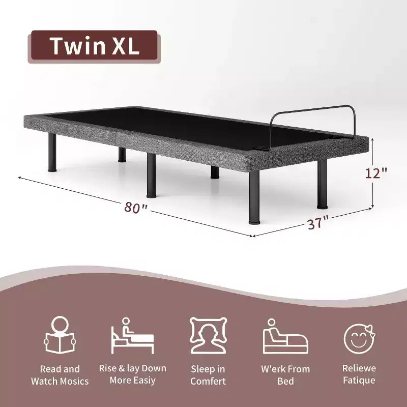 Cadre de lit électrique réglable Twin XL, métal et bois, pour 1 personne