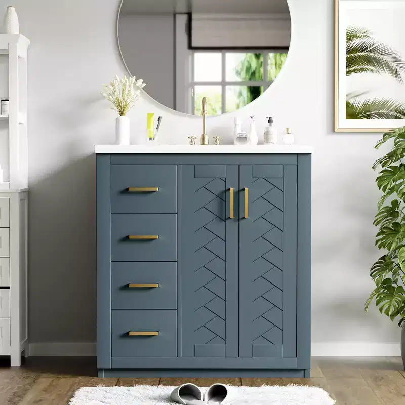 Meuble-lavabo de salle de bain de 76 cm à lavabo simple avec armoire et 3 tiroirs – Noir / Bleu / Vert / Indigo / Blanc