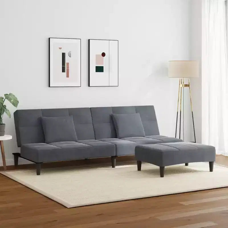 Ciemnoszara aksamitna dwuosobowa rozkładana sofa z otomaną