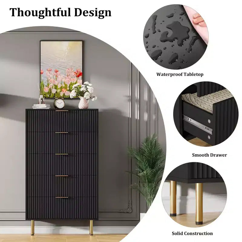Commode 5 tiroirs blanche / effet marbre et bois – Panneau cannelé, pour 1 personne